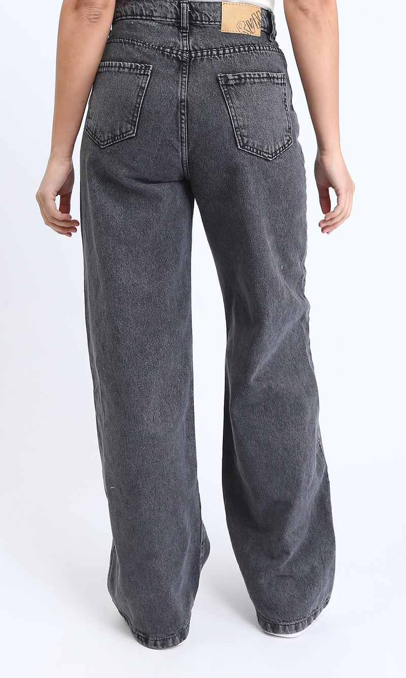 R205927 - Trendy Solid Wide Leg Jeans - Dark Grey