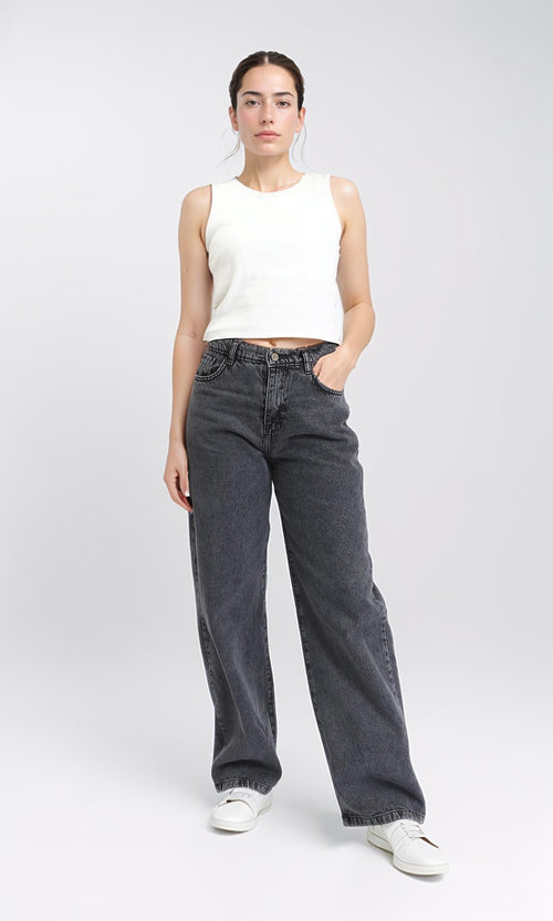 R205927 - Trendy Solid Wide Leg Jeans - Dark Grey