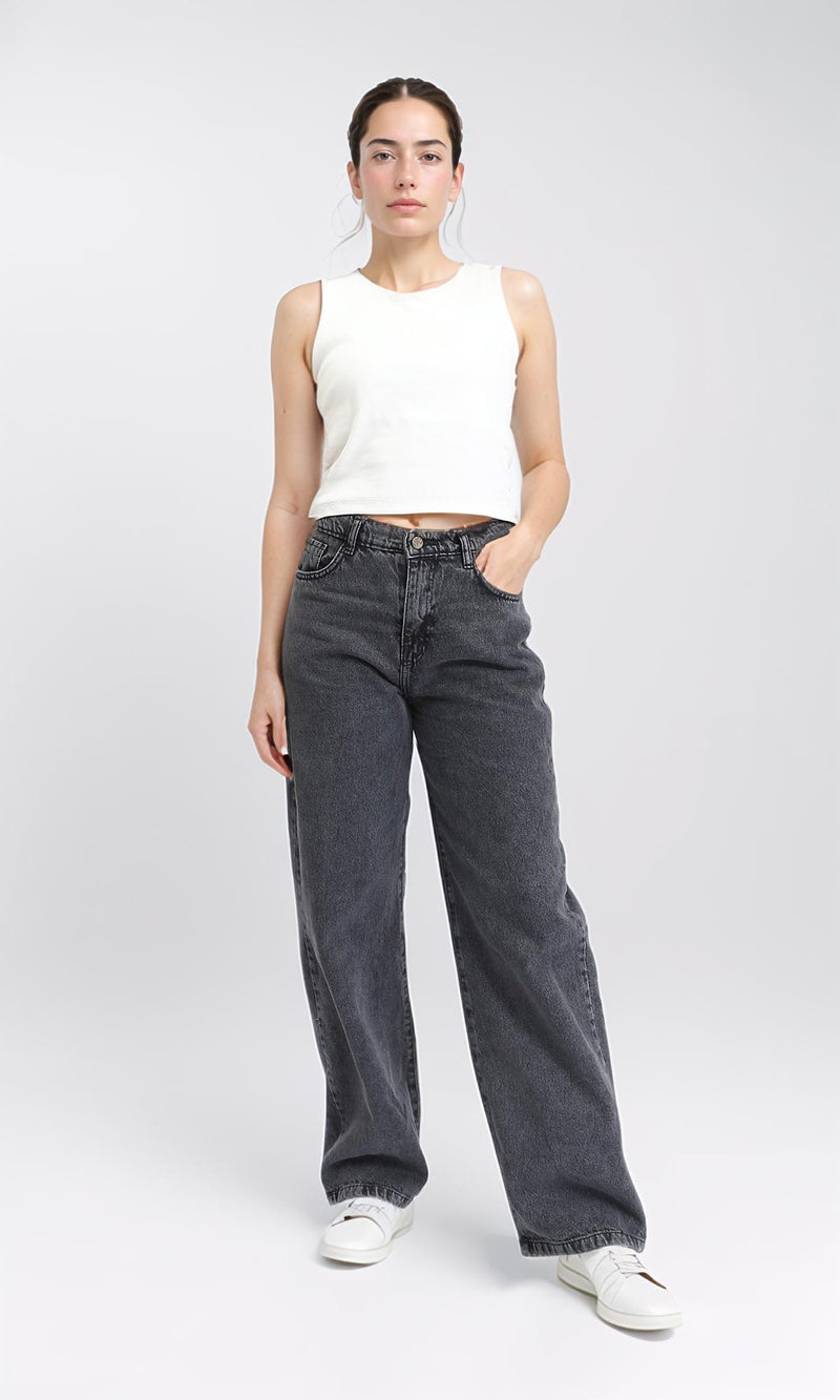 R205927 - Trendy Solid Wide Leg Jeans - Dark Grey