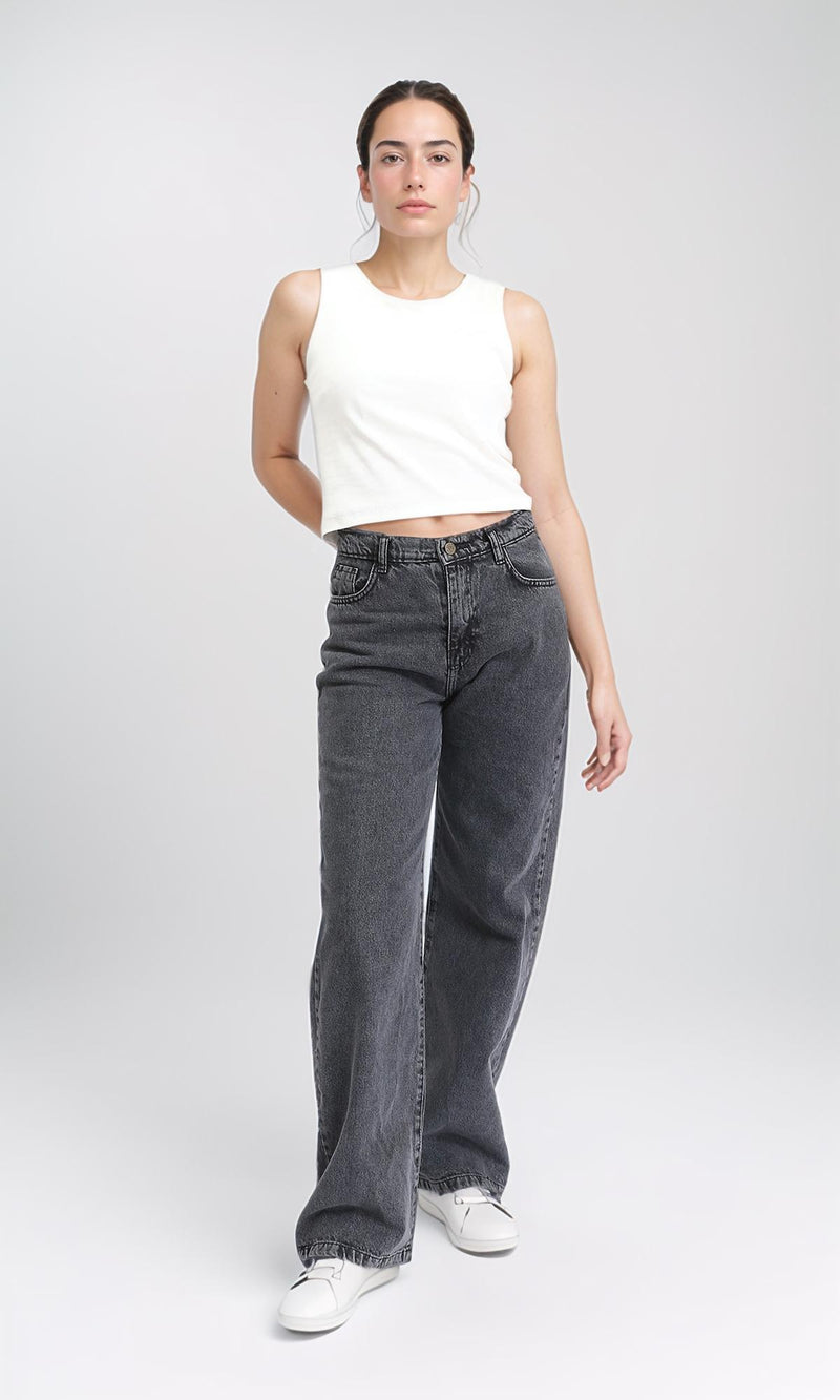R205927 - Trendy Solid Wide Leg Jeans - Dark Grey