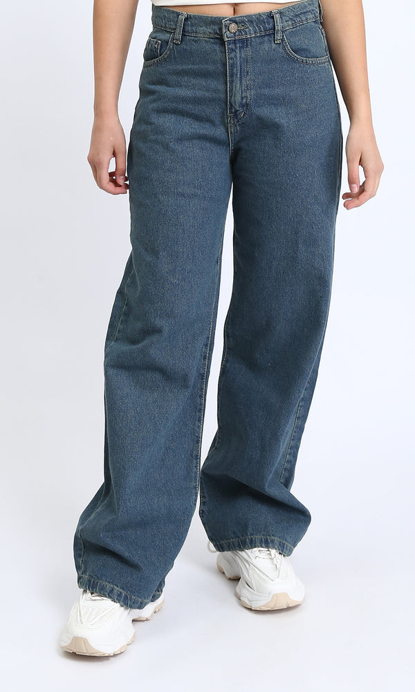 R205928 - Trendy Solid Wide Leg Jeans - Standard Blue