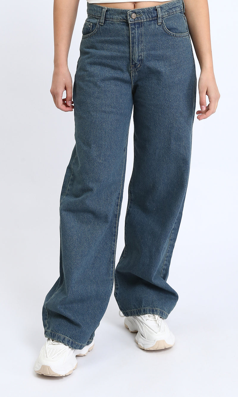 R205928 - Trendy Solid Wide Leg Jeans - Standard Blue