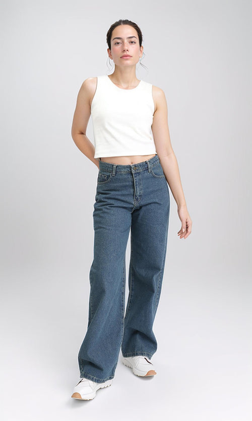 R205928 - Trendy Solid Wide Leg Jeans - Standard Blue