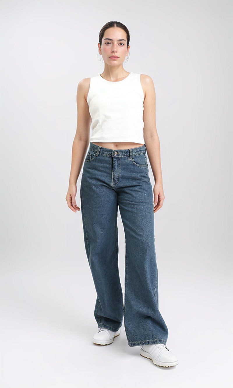 R205928 - Trendy Solid Wide Leg Jeans - Standard Blue
