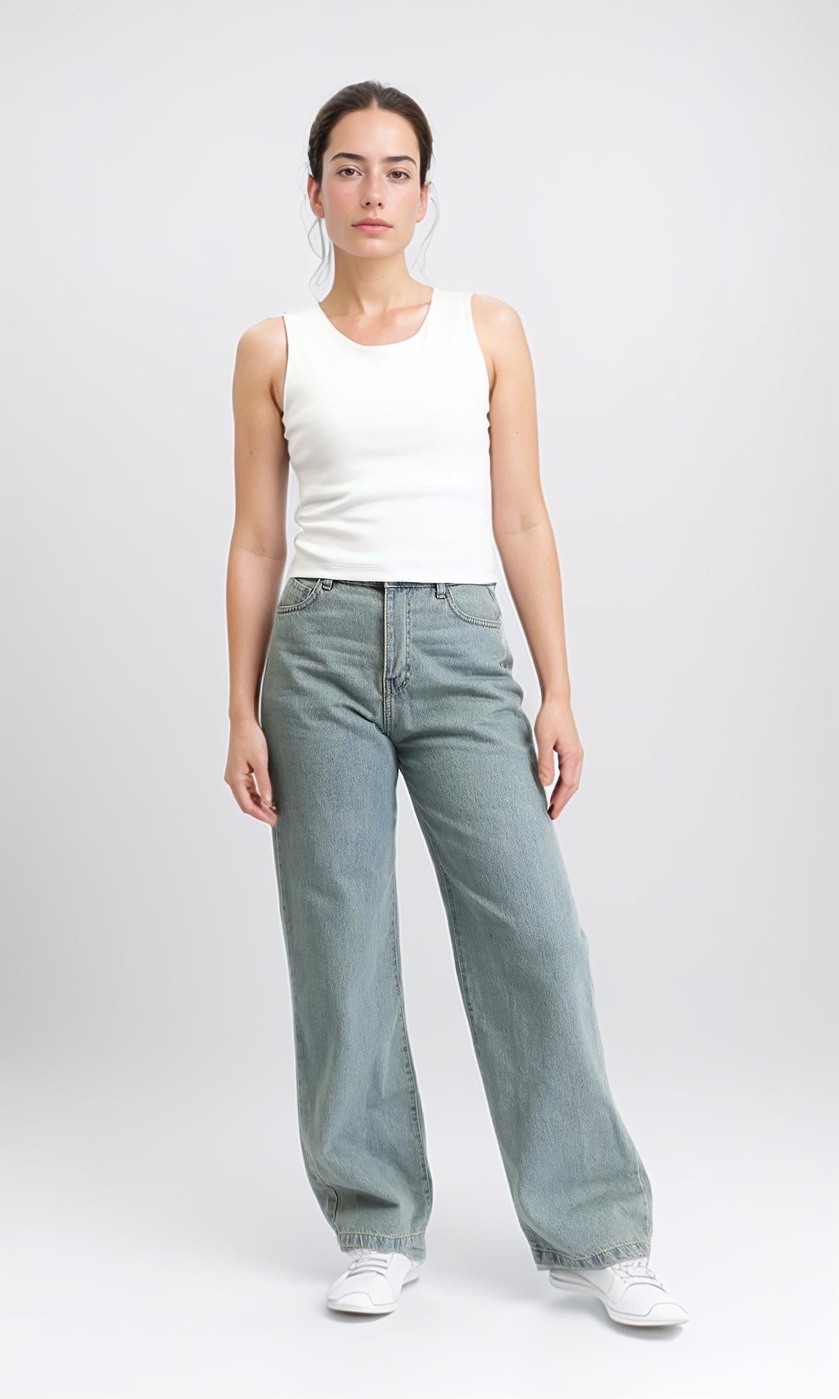 Women's Light Wash Double Waistband Wide Leg Jeans - R205930