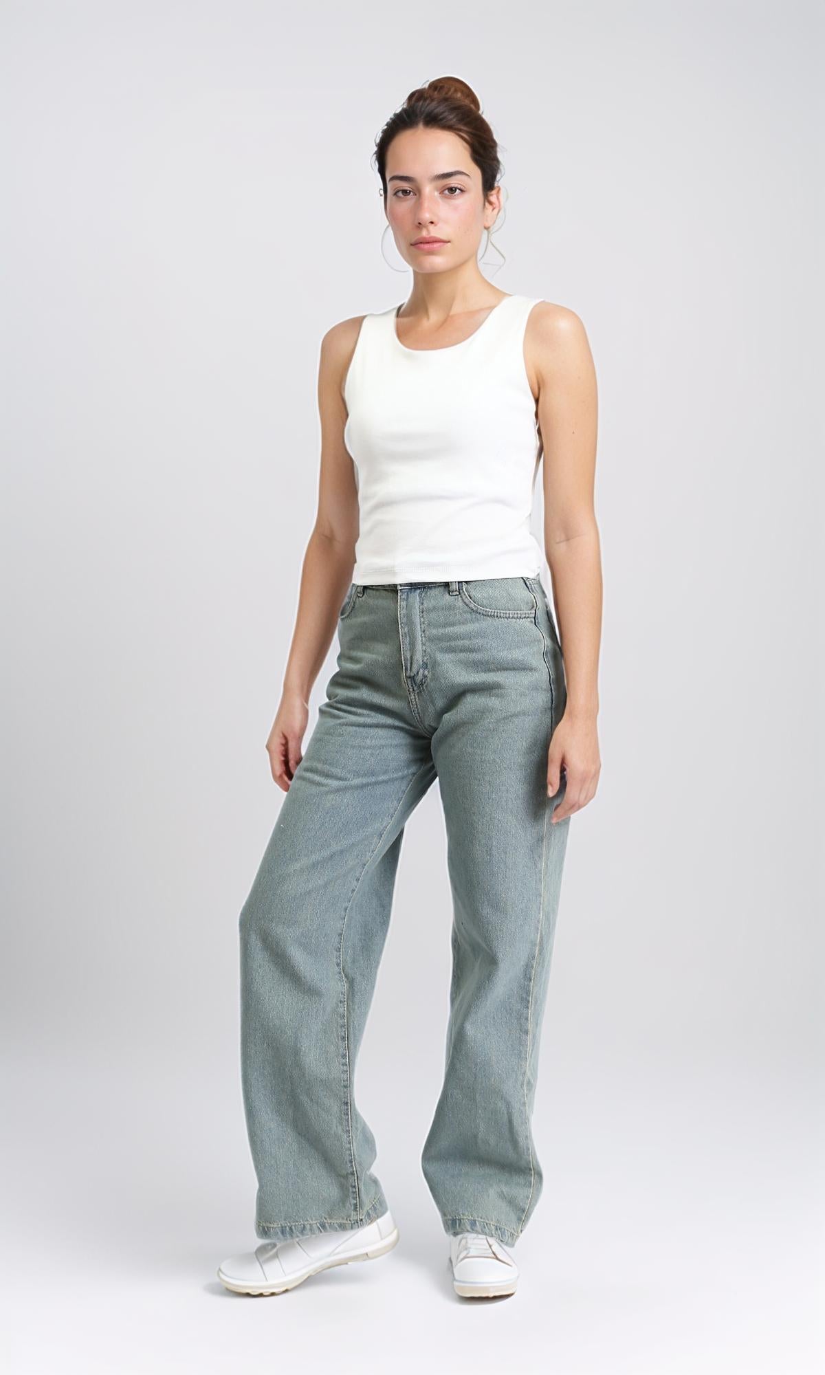 Women's Light Wash Double Waistband Wide Leg Jeans - R205930