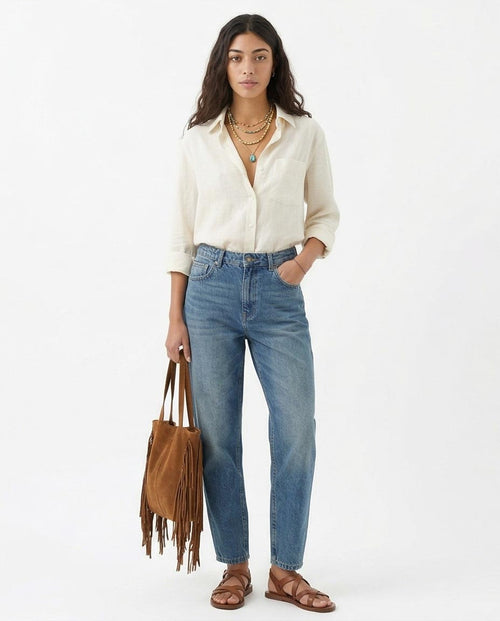 Ravin Vintage-Wash Tapered High-Waist Jeans in Mid-Blue - R205931