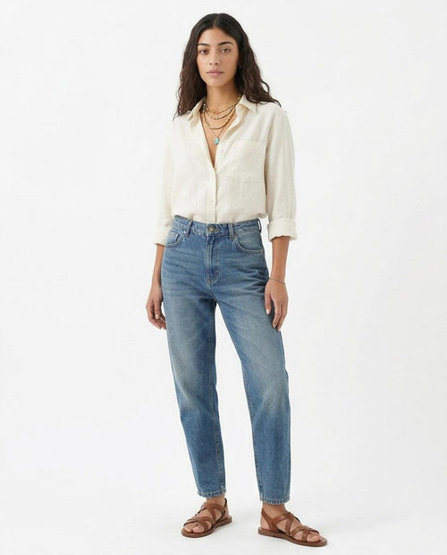 Ravin Vintage-Wash Tapered High-Waist Jeans in Mid-Blue - R205931