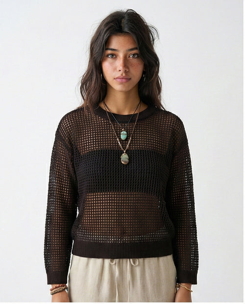 Open Knit Sheer Sweater - Black