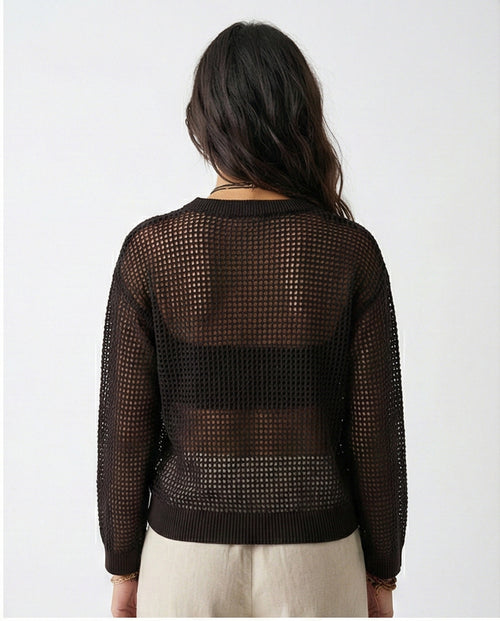 R205966-R205966 - Open Knit Sheer Sweater - Black