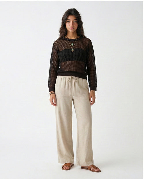 R205966-R205966 - Open Knit Sheer Sweater - Black