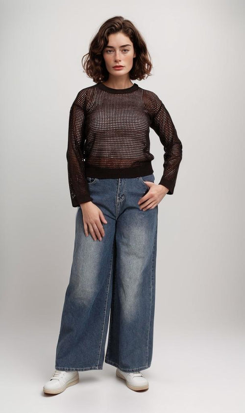 R205966-R205966 - Open Knit Sheer Sweater - Black