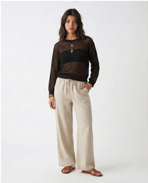 R205966-R205966 - Open Knit Sheer Sweater - Black