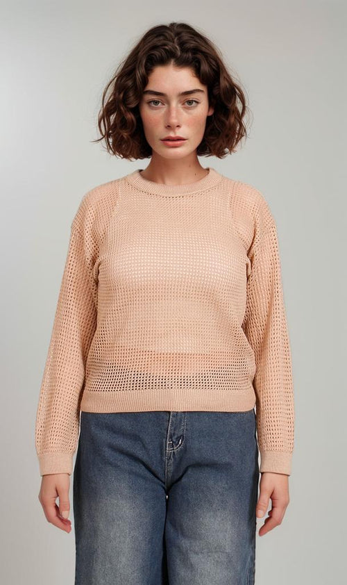 R205967-R205967 - Open Knit Pullover - Peach