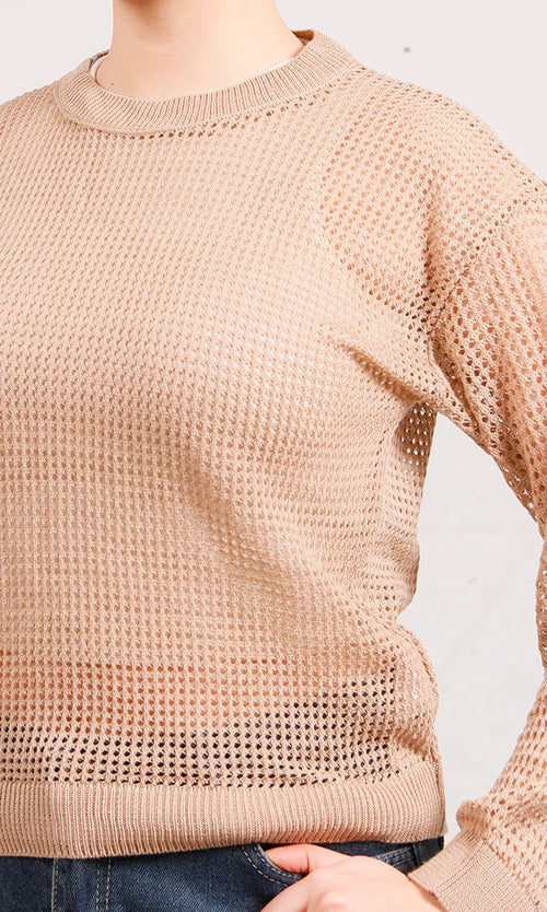 R205967-R205967 - Open Knit Pullover - Peach