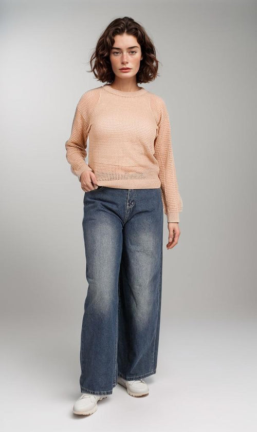 R205967-R205967 - Open Knit Pullover - Peach