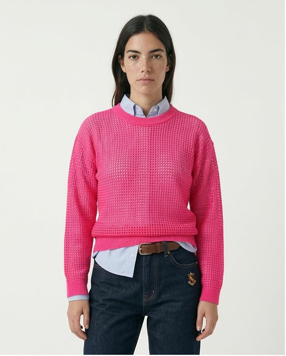 Neon Pink Open-Knit Mesh Sweater