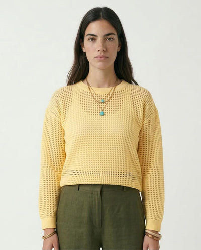 Women's Open-Knit Mesh Crew Neck Sweater - Pastel Yellow