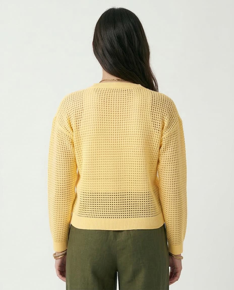 Ravin Women's Open-Knit Mesh Crew Neck Sweater - Pastel Yellow - R205969