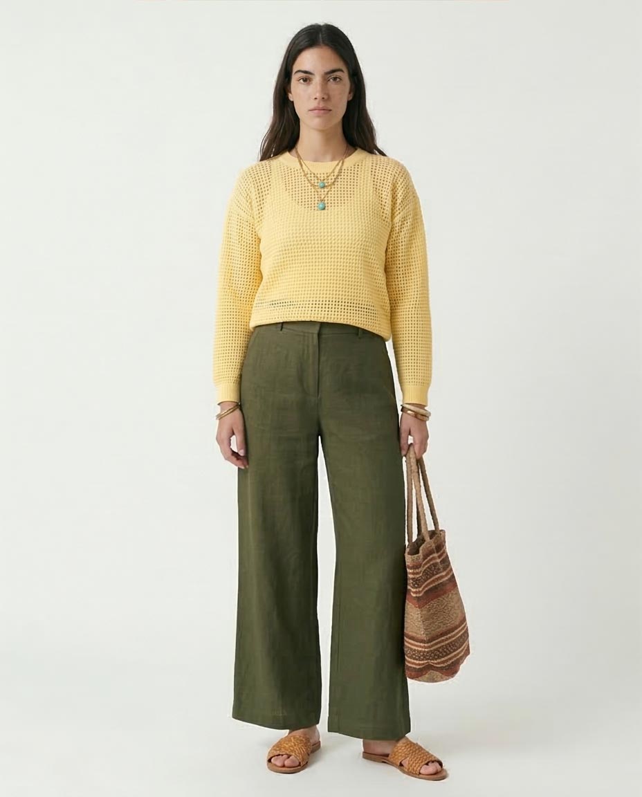 Ravin Women's Open-Knit Mesh Crew Neck Sweater - Pastel Yellow - R205969