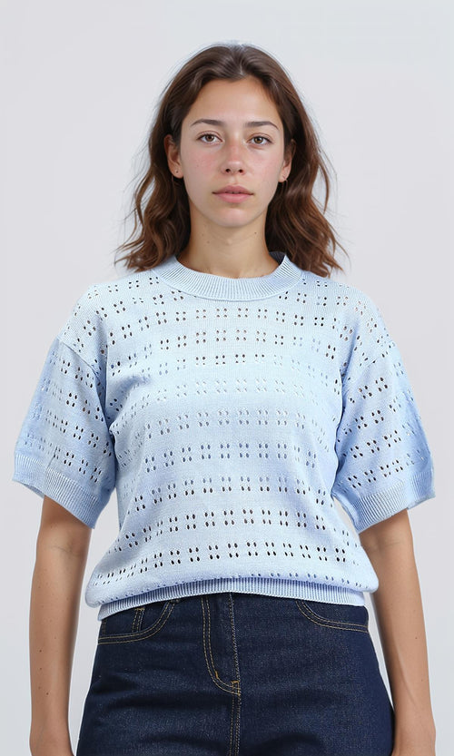 R205973 - Ribbed Neck Perforated Top - Light Blue
