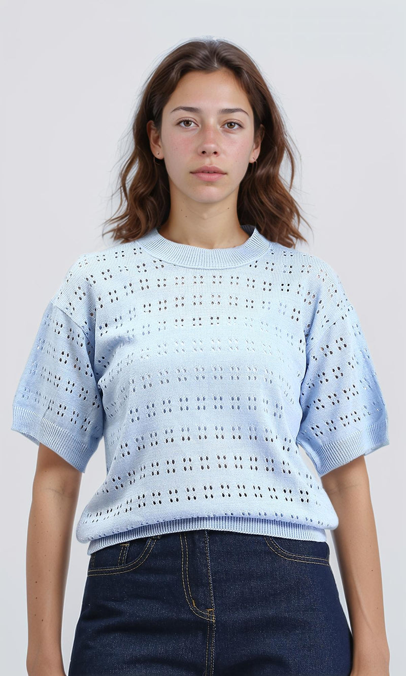R205973 - Ribbed Neck Perforated Top - Light Blue