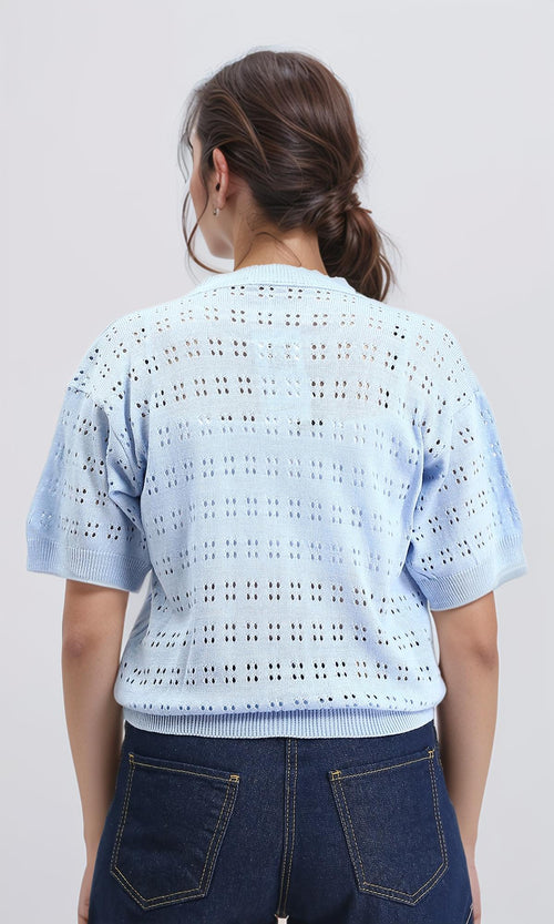 R205973 - Ribbed Neck Perforated Top - Light Blue