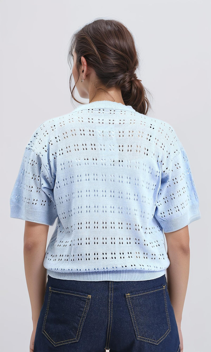 R205973 - Ribbed Neck Perforated Top - Light Blue