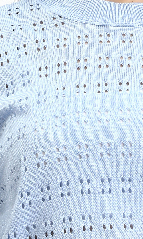 R205973 - Ribbed Neck Perforated Top - Light Blue