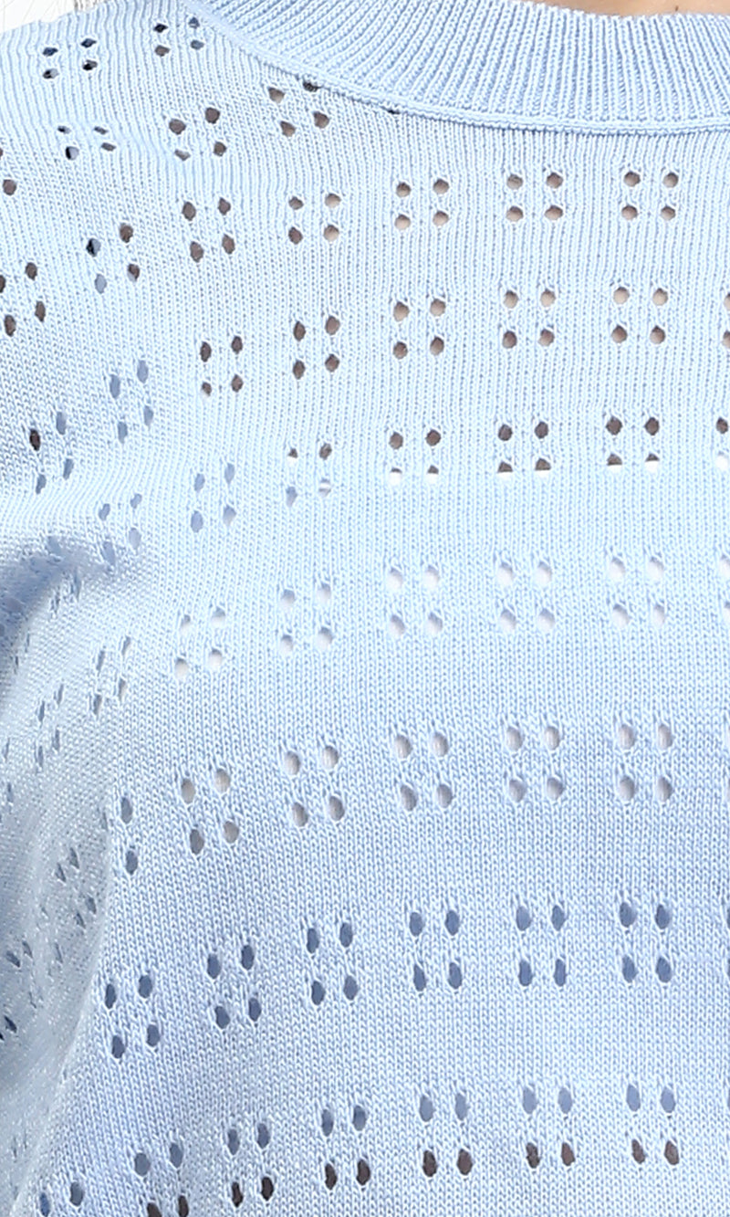 R205973 - Ribbed Neck Perforated Top - Light Blue