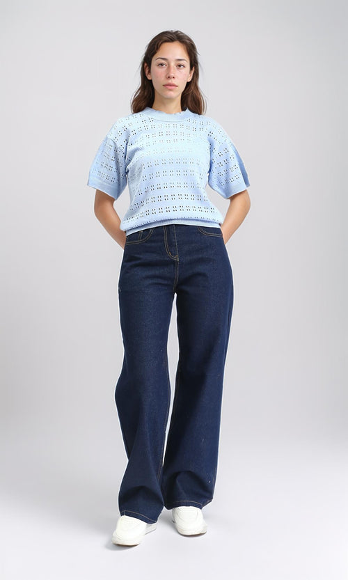 R205973 - Ribbed Neck Perforated Top - Light Blue