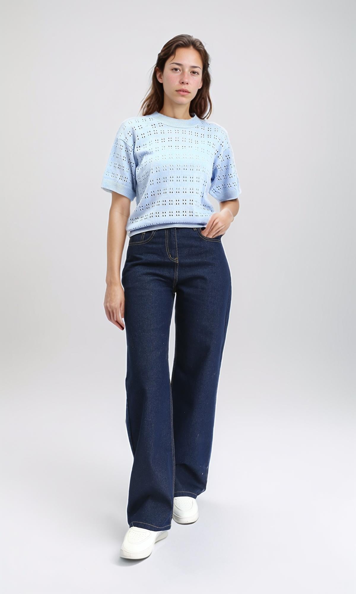 R205973 - Ribbed Neck Perforated Top - Light Blue