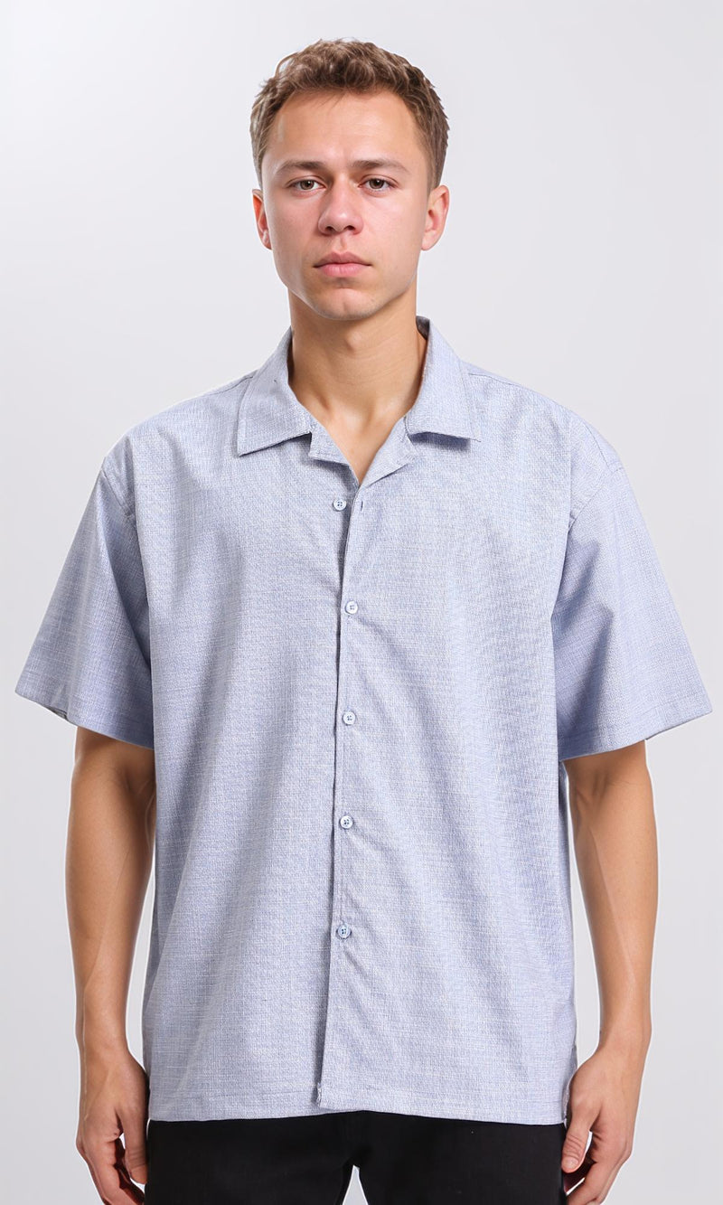 R206062 - Self Pattern Elbow Sleeves Cotton Shirt - Pastel Blue