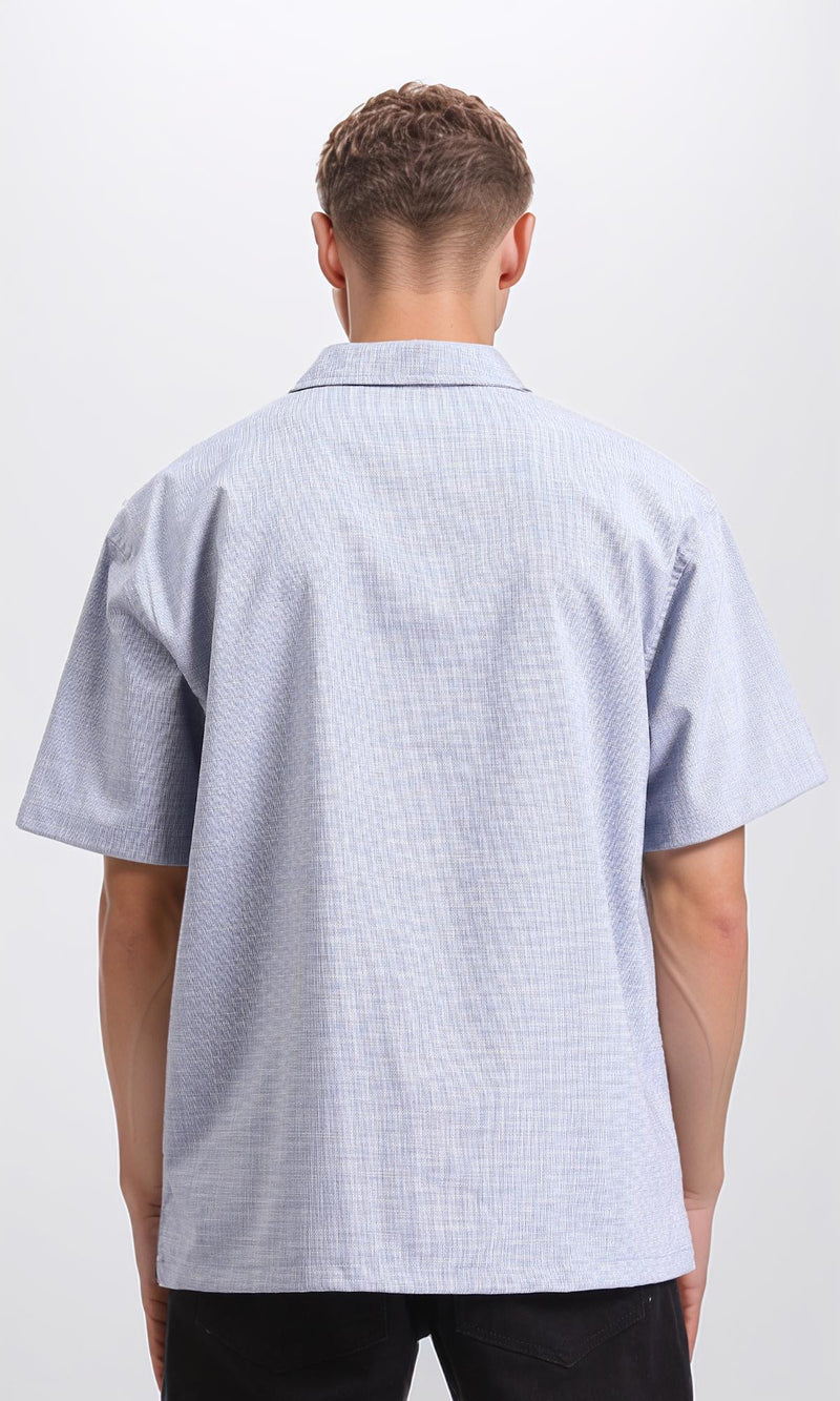 R206062 - Self Pattern Elbow Sleeves Cotton Shirt - Pastel Blue