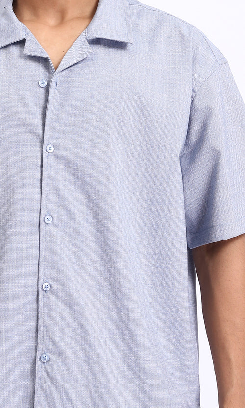 R206062 - Self Pattern Elbow Sleeves Cotton Shirt - Pastel Blue