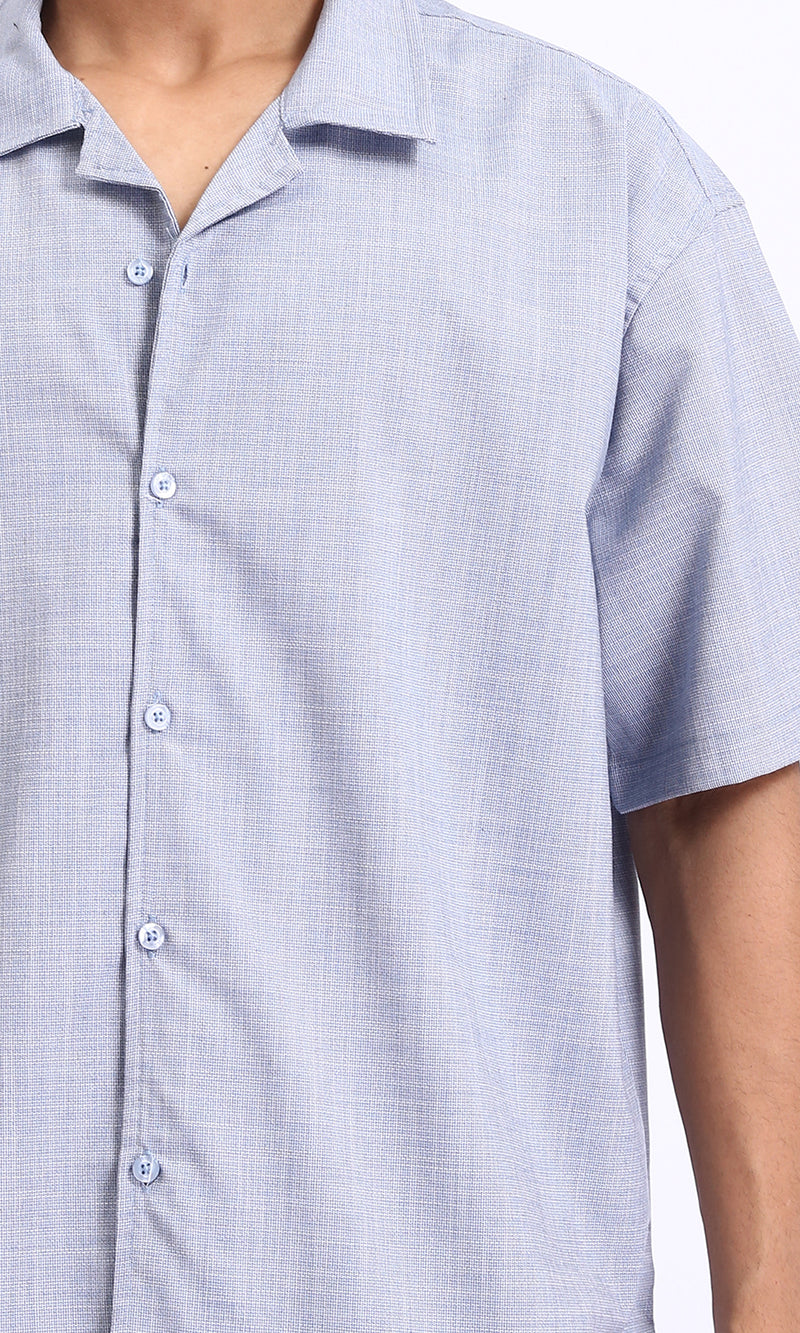 R206062 - Self Pattern Elbow Sleeves Cotton Shirt - Pastel Blue