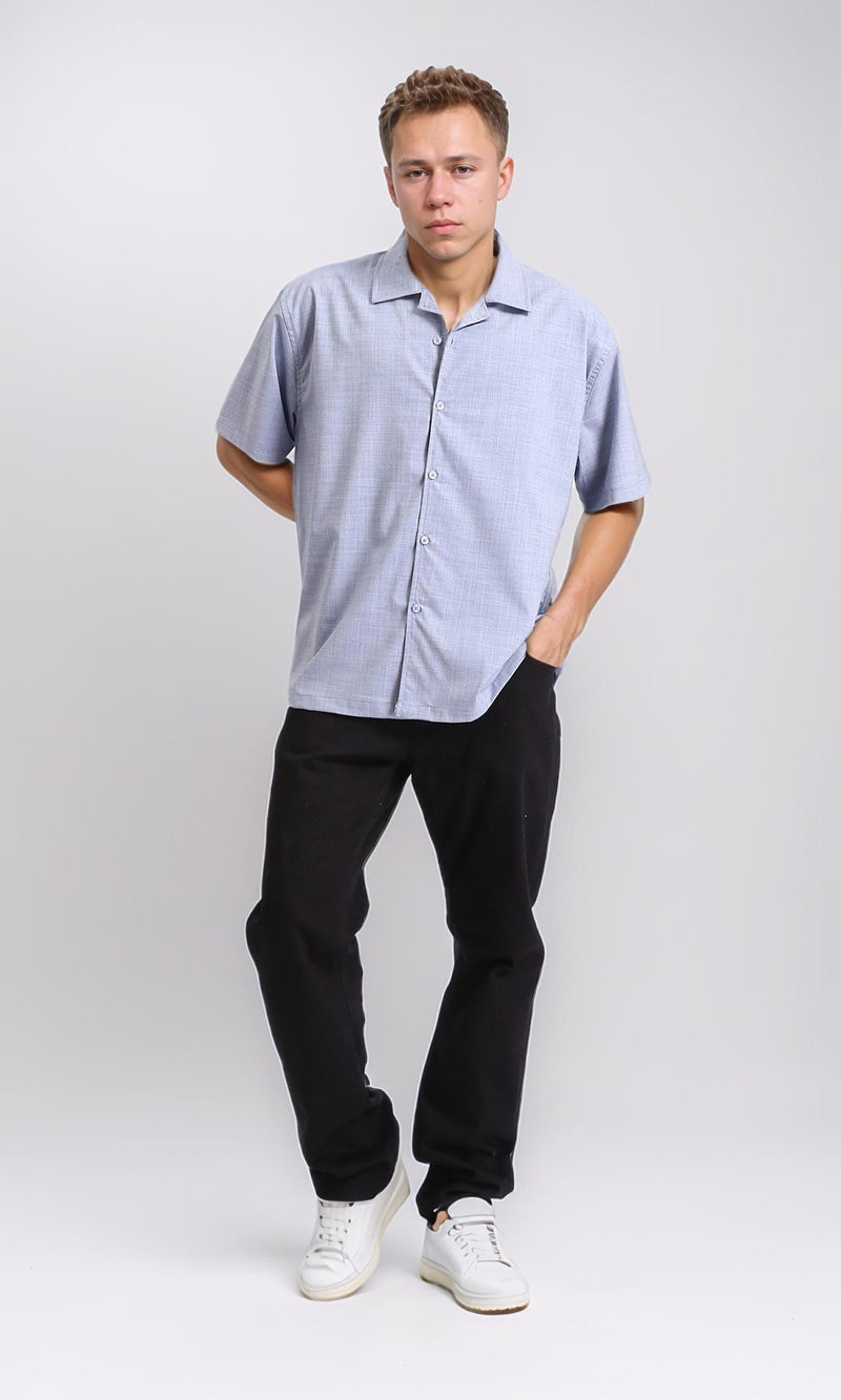 R206062 - Self Pattern Elbow Sleeves Cotton Shirt - Pastel Blue