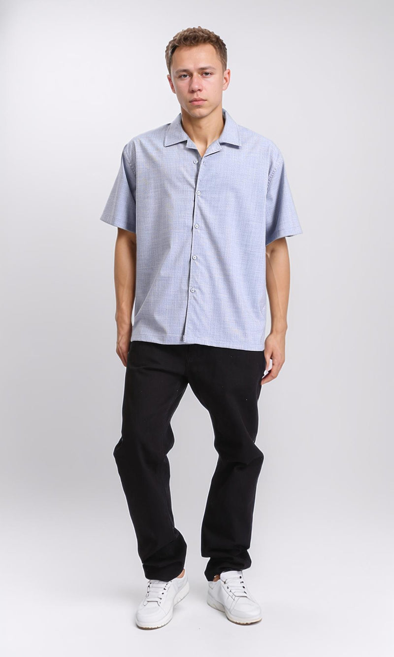 R206062 - Self Pattern Elbow Sleeves Cotton Shirt - Pastel Blue