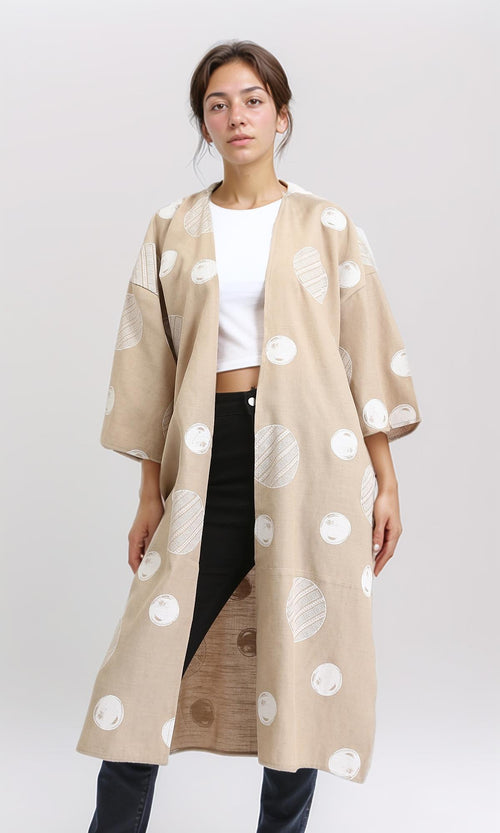 R206063 - Polka Dots 3\4 Sleeves Long Cardigan - Dark Beige