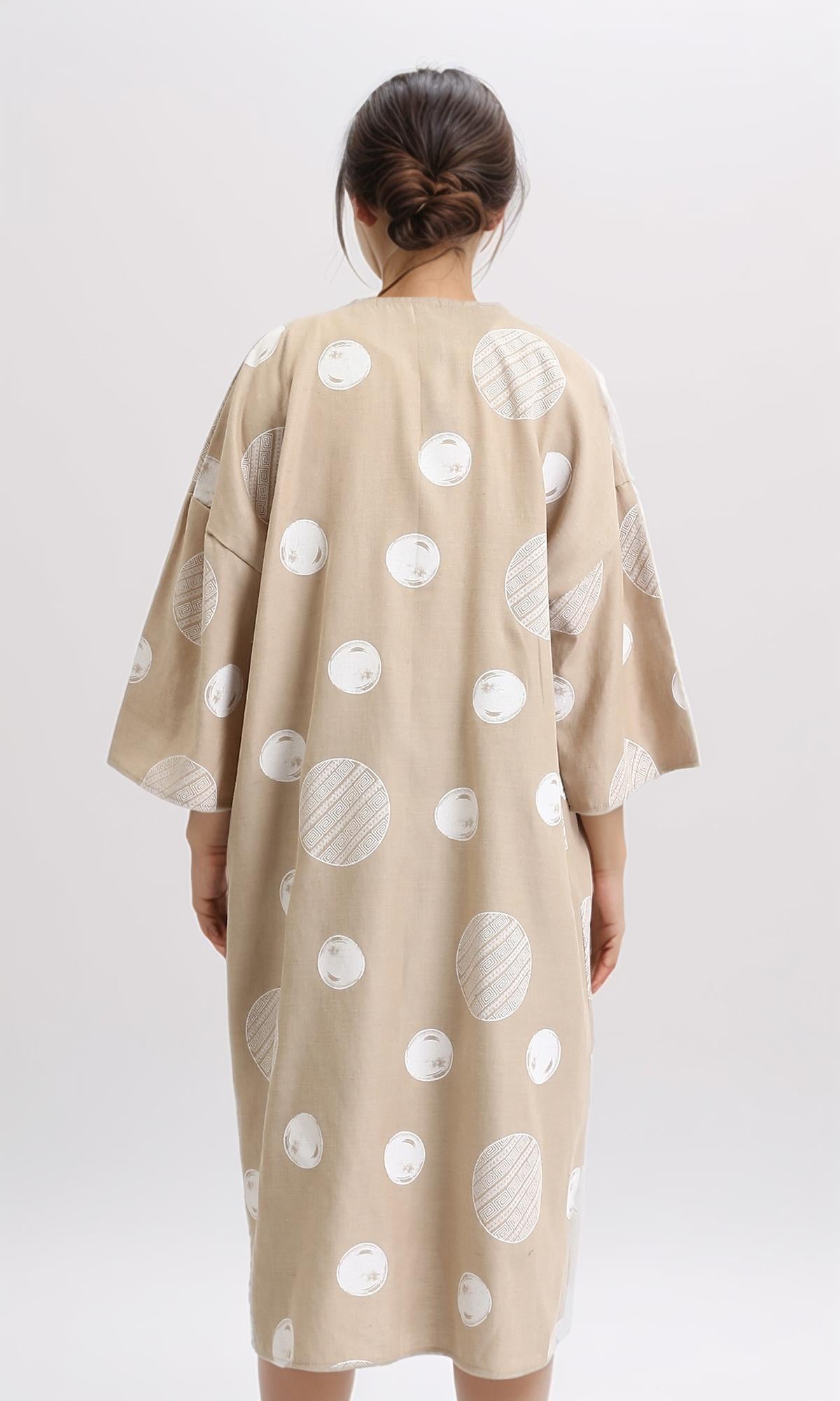 R206063 - Polka Dots 3\4 Sleeves Long Cardigan - Dark Beige