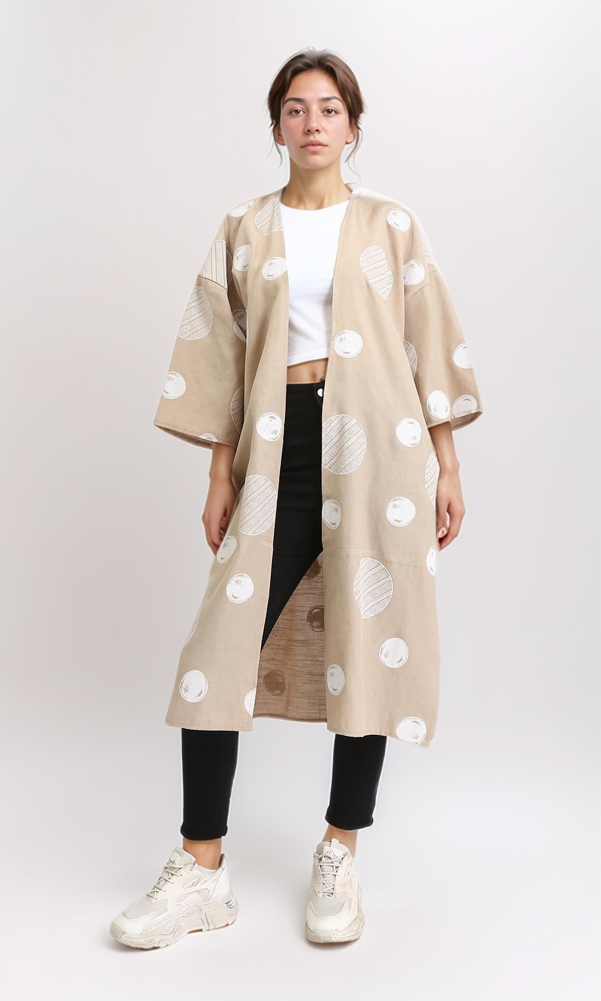 R206063 - Polka Dots 3\4 Sleeves Long Cardigan - Dark Beige
