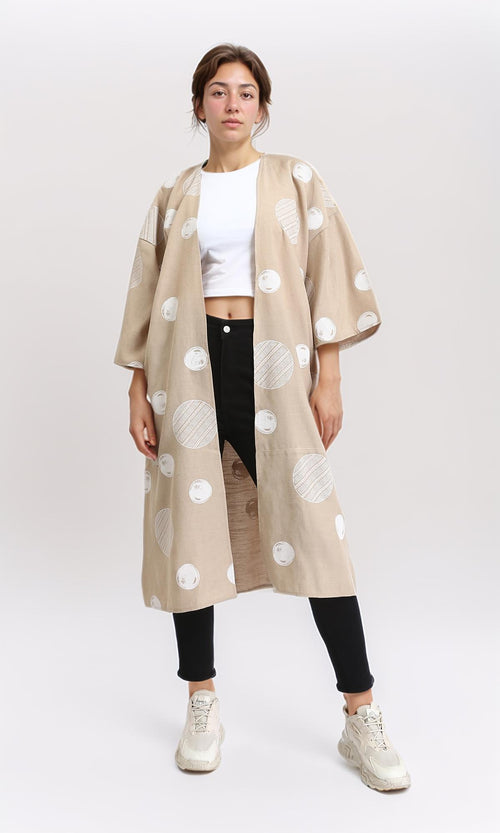 R206063 - Polka Dots 3\4 Sleeves Long Cardigan - Dark Beige