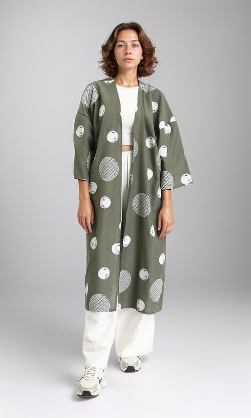 R206064 - Polka Dots Long Sleeves Cardigan - Olive & White