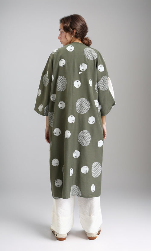 R206064 - Polka Dots Long Sleeves Cardigan - Olive & White