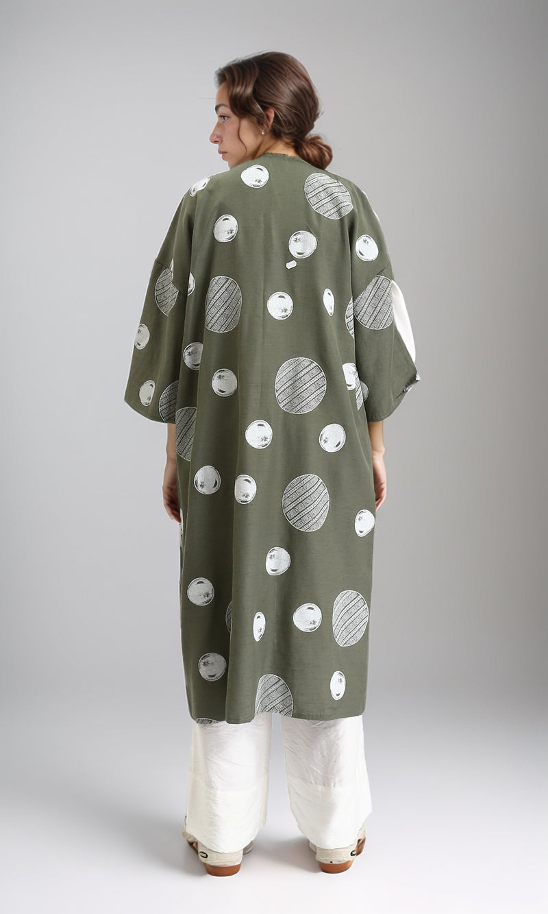 R206064 - Polka Dots Long Sleeves Cardigan - Olive & White