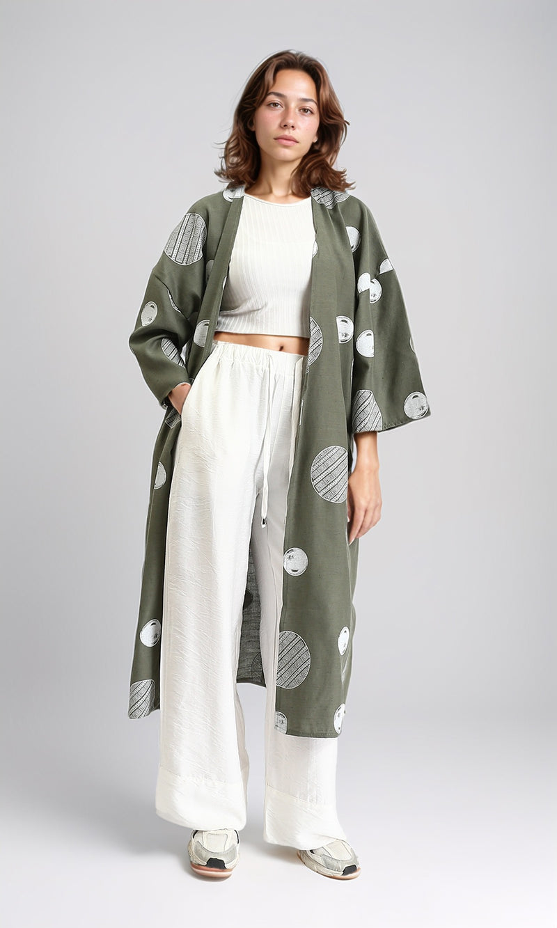 R206064 - Polka Dots Long Sleeves Cardigan - Olive & White