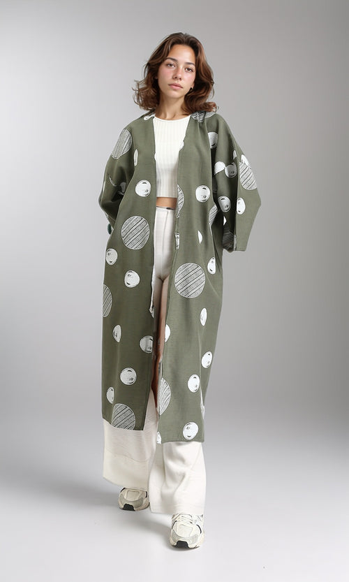 R206064 - Polka Dots Long Sleeves Cardigan - Olive & White