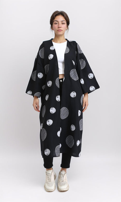 R206065 - Polka Dots 3\4 Sleeves Long Cardigan - Black