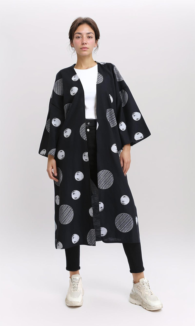 R206065 - Polka Dots 3\4 Sleeves Long Cardigan - Black