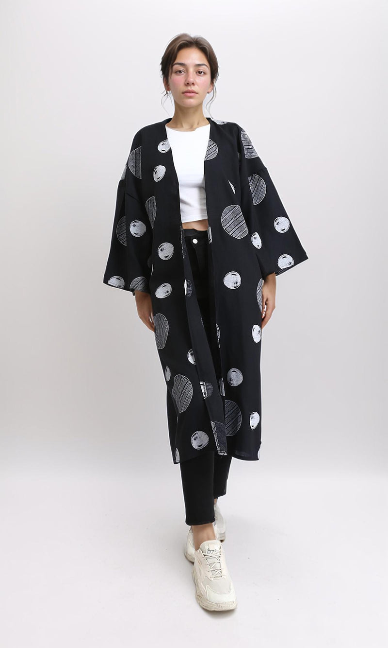 R206065 - Polka Dots 3\4 Sleeves Long Cardigan - Black